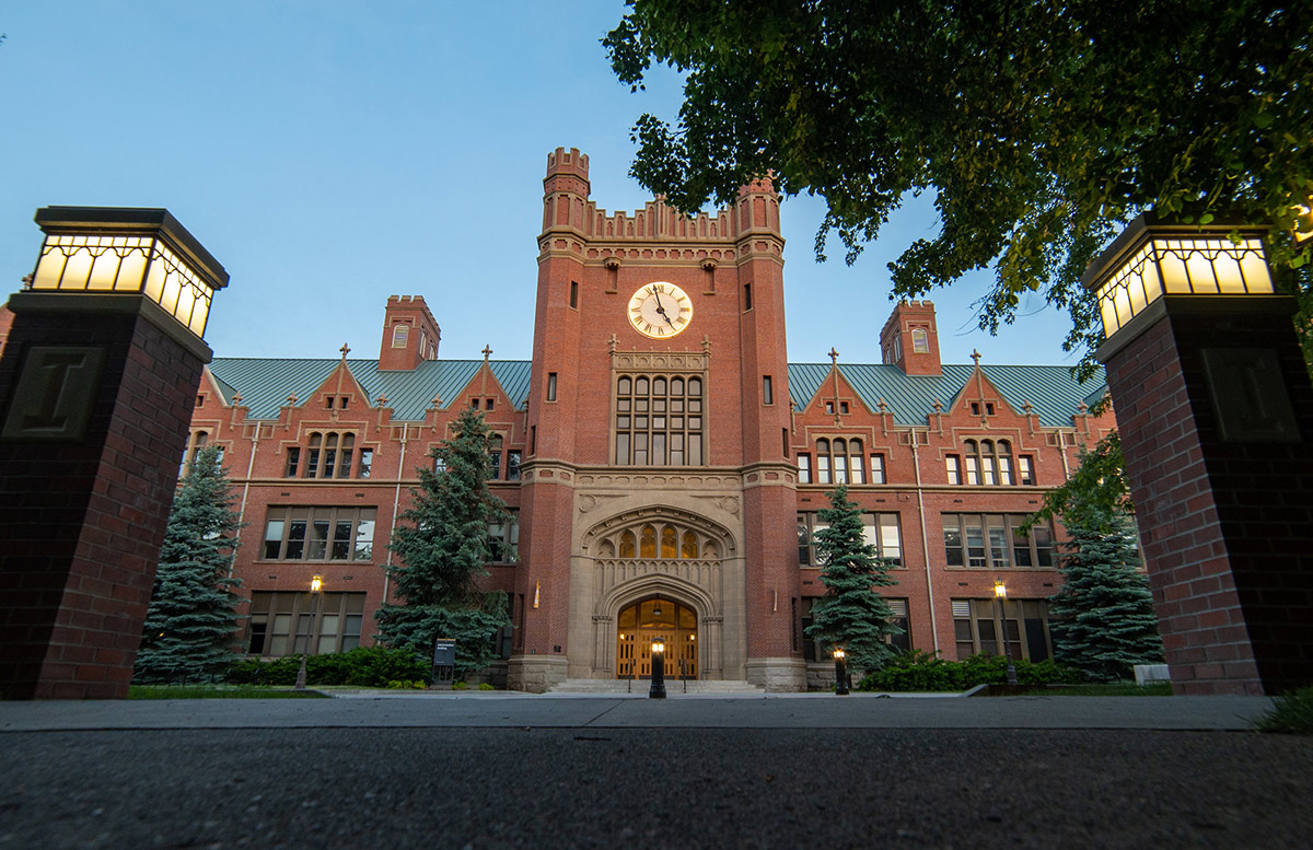 The University of Idaho Administration Building at dusk.
