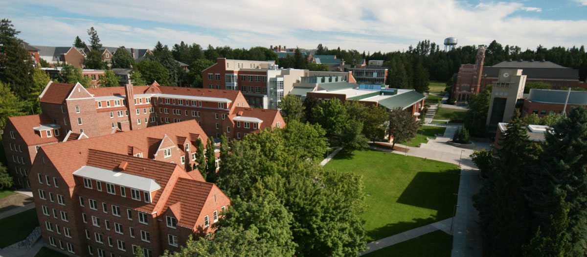 An aerial view of Brink Hall which is home of the English Department; the Idaho Commons; and the Library.