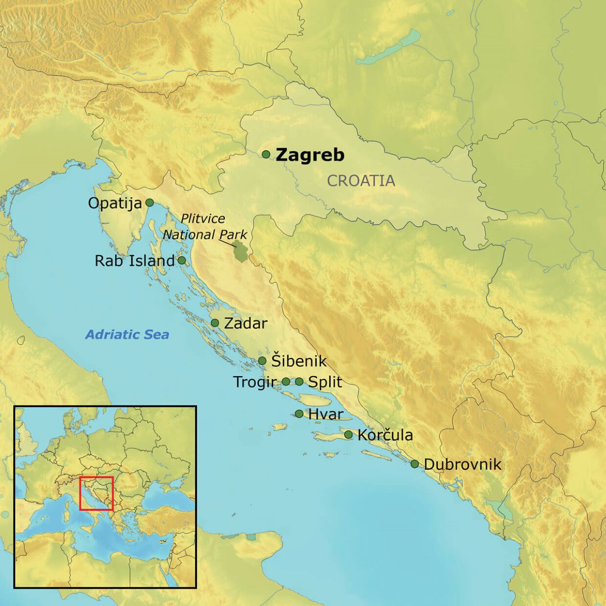 A map of Croatia with tour destinations pinned.