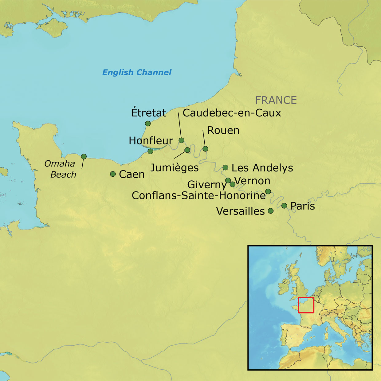 A map of the Siene River and Normandy with tour destinations pinned.