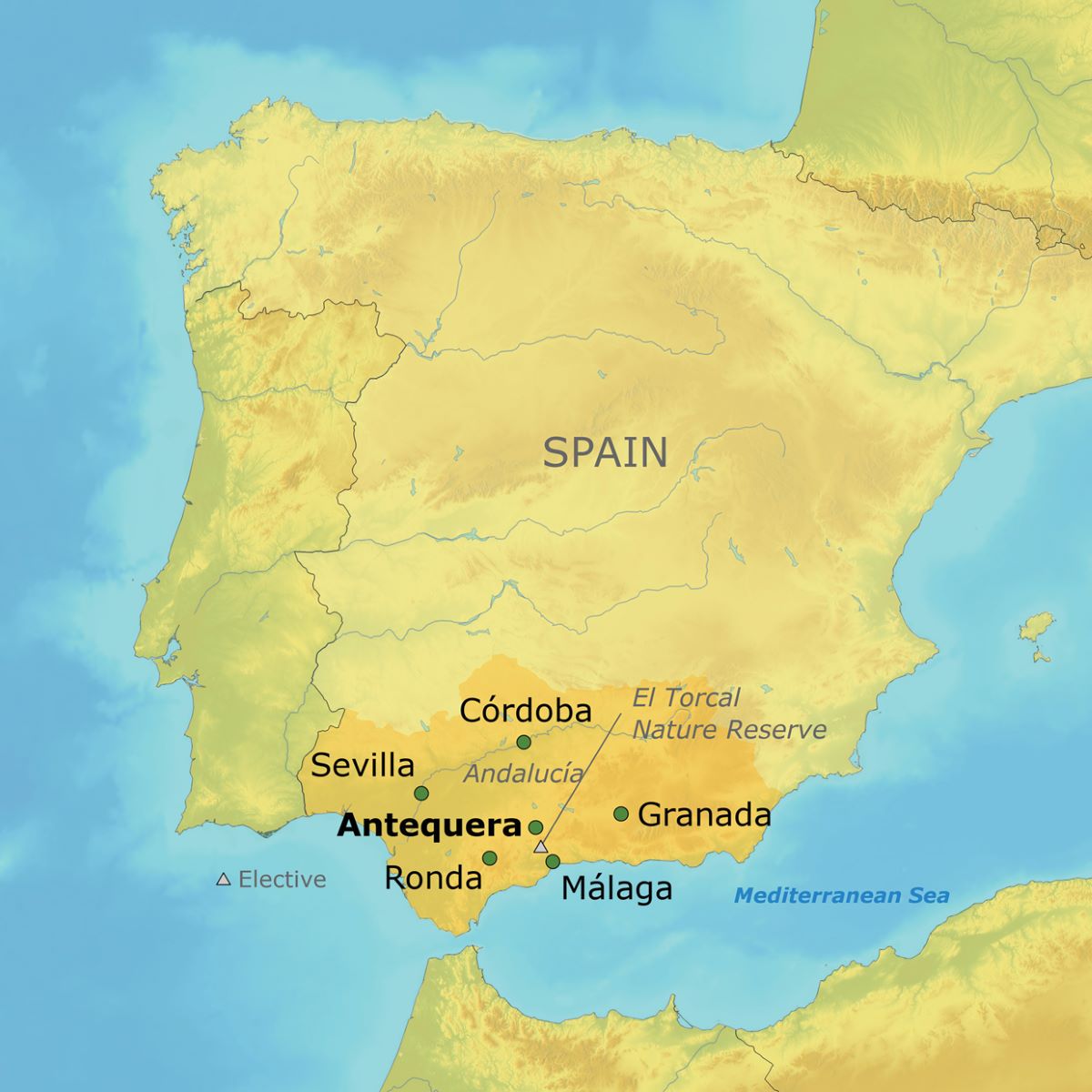 A map of Spain with tour destinations pinned.