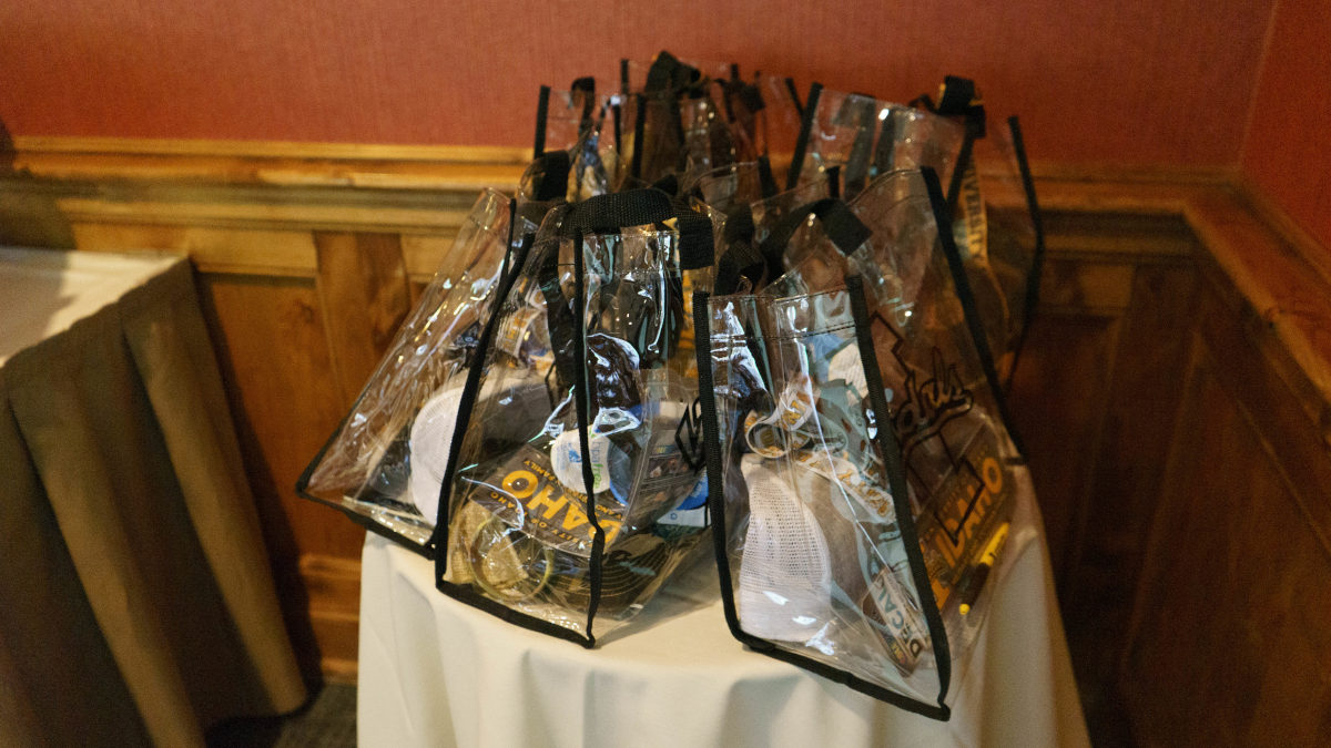 Swag bags full of Military and Veterans merch wait for guests