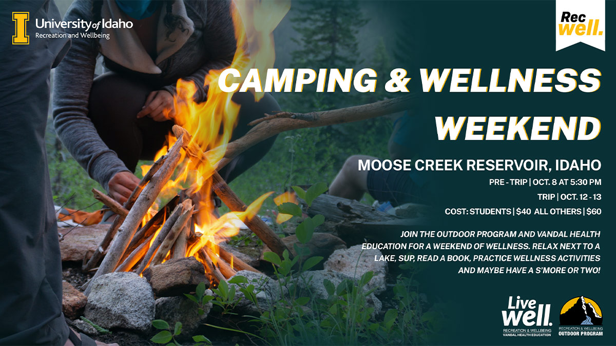 Promo image displaying a campfire & information for U of I Outdoor Program trips.