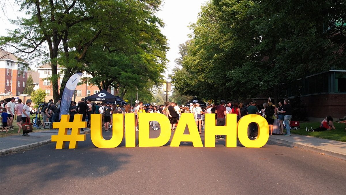 A #UIDAHO sign in the middle of a street on campus