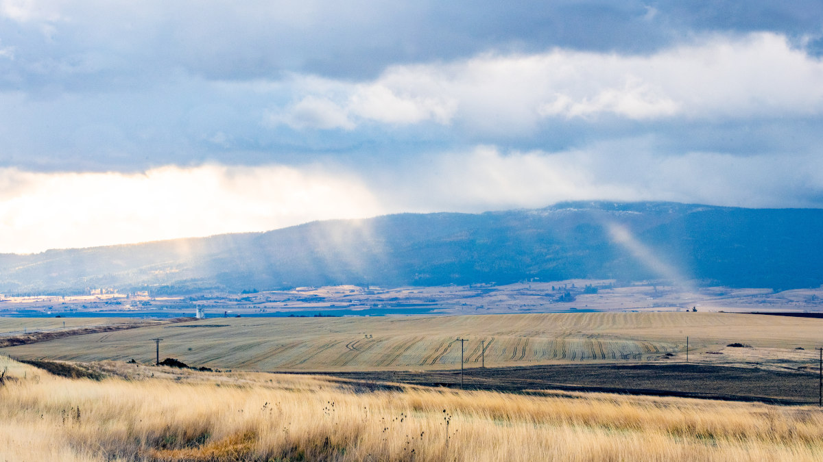 Rays of sunlight shine on cut fields.