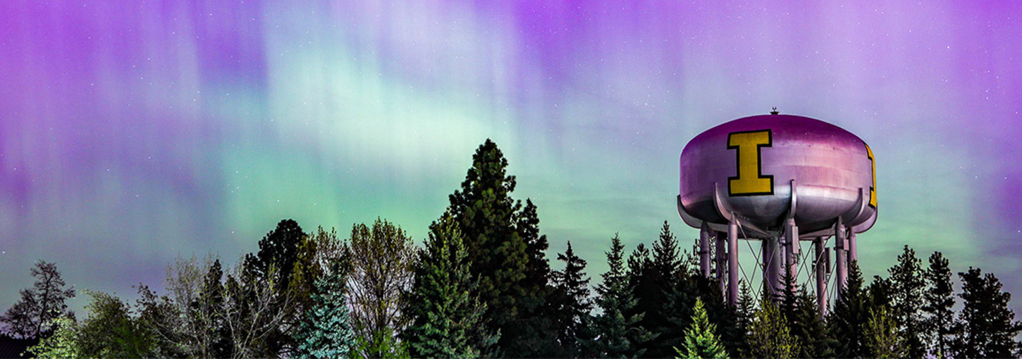 University of Idaho water tower with a pink and purple horizon behind it