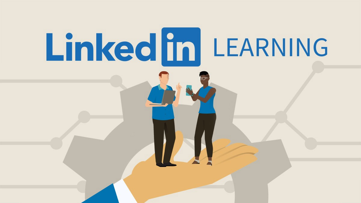 A LinkedIn Learning illustration with two people standing on a palm of a hand