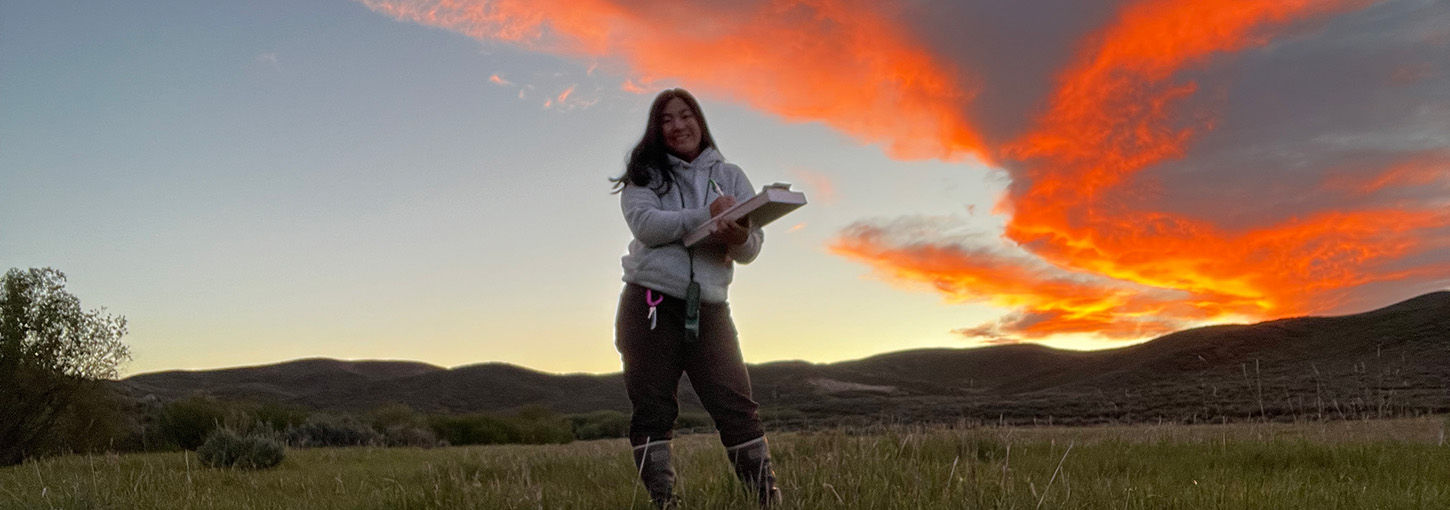 A woman with a clipboard stands in a field in low light with pink clouds.