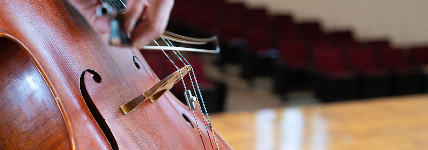 A bow is drawn across a cello.